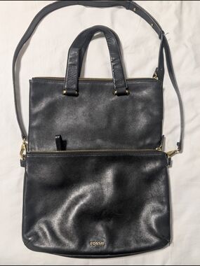 Fossil Black Leather Convertible Double-Zip Tote Crossbody